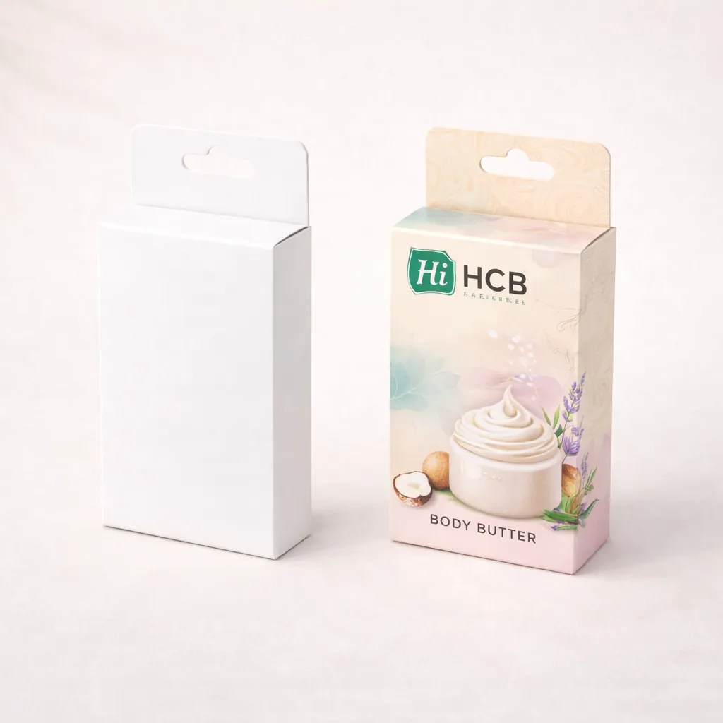 Two tall rectangular product boxes, one blank white and one printed with custom pink branding. class=